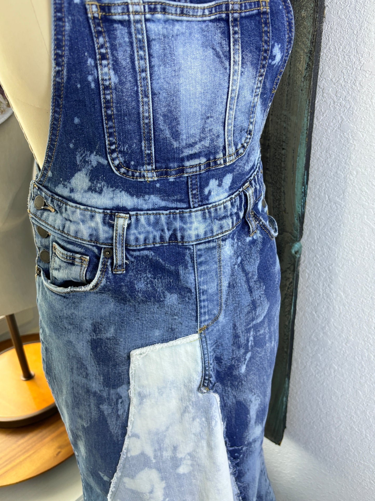 Up-Cycled Frayed Over-Alls, Dungarees, Denim, Over-All Dress, Patchwork Denim Dress, Size 0, SMALL, Just South of Urban, Kim Spratto