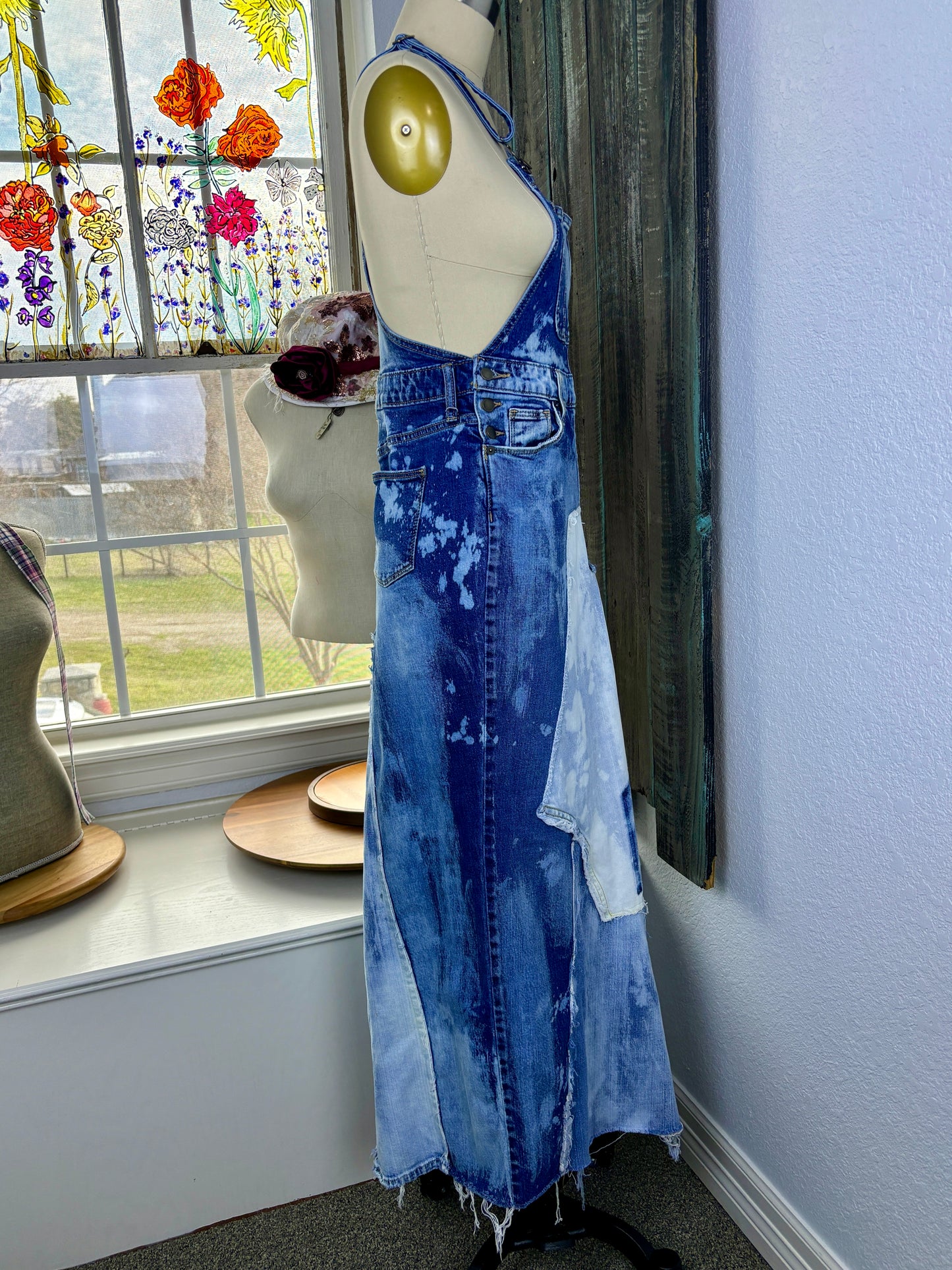 Up-Cycled Frayed Over-Alls, Dungarees, Denim, Over-All Dress, Patchwork Denim Dress, Size 0, SMALL, Just South of Urban, Kim Spratto