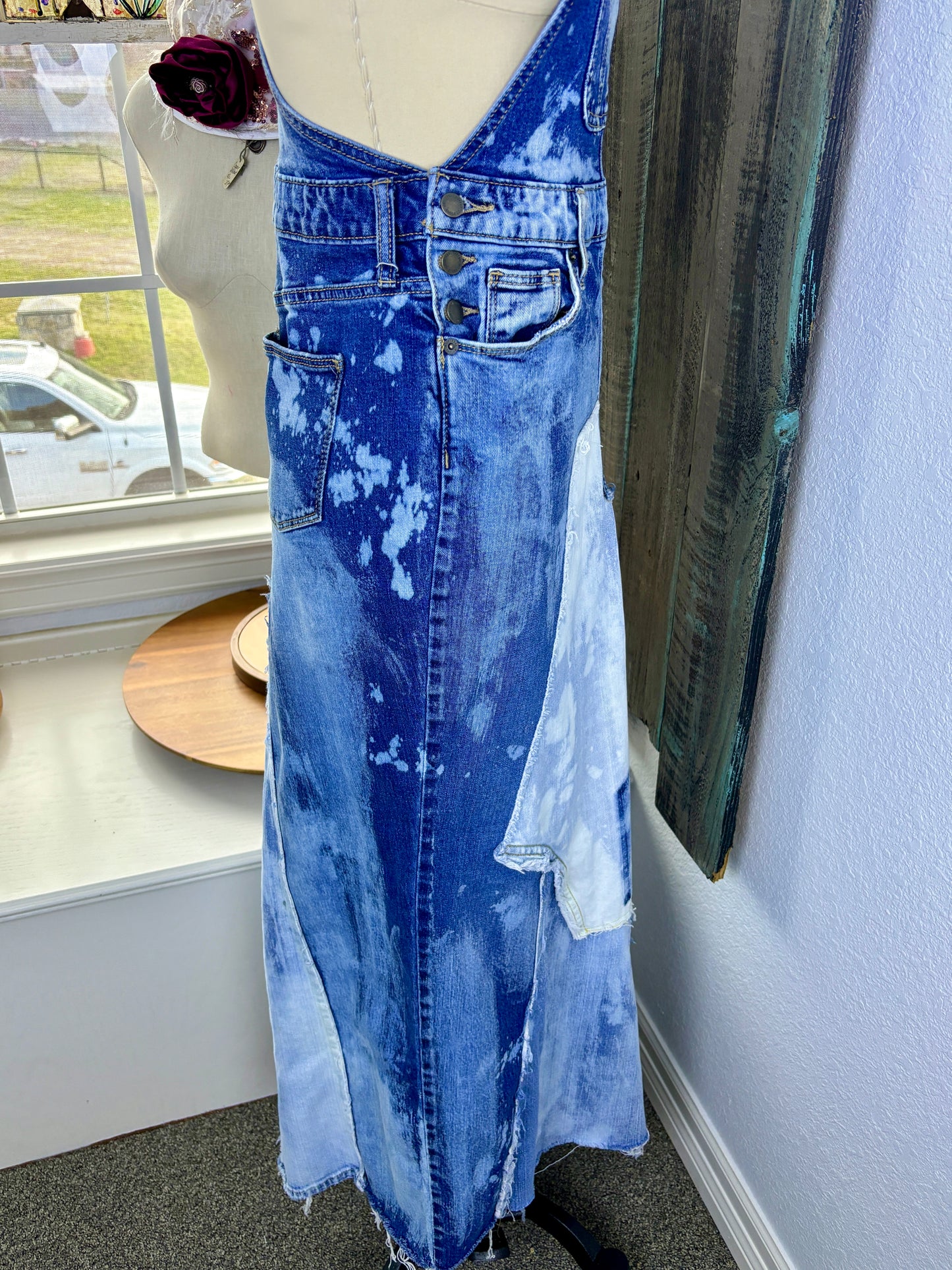 Up-Cycled Frayed Over-Alls, Dungarees, Denim, Over-All Dress, Patchwork Denim Dress, Size 0, SMALL, Just South of Urban, Kim Spratto