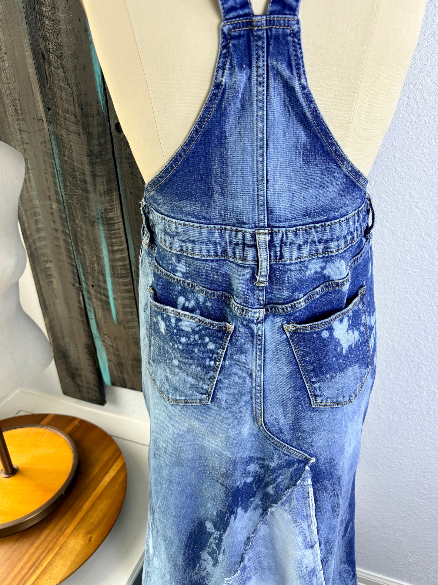 Up-Cycled Frayed Over-Alls, Dungarees, Denim, Over-All Dress, Patchwork Denim Dress, Size 0, SMALL, Just South of Urban, Kim Spratto