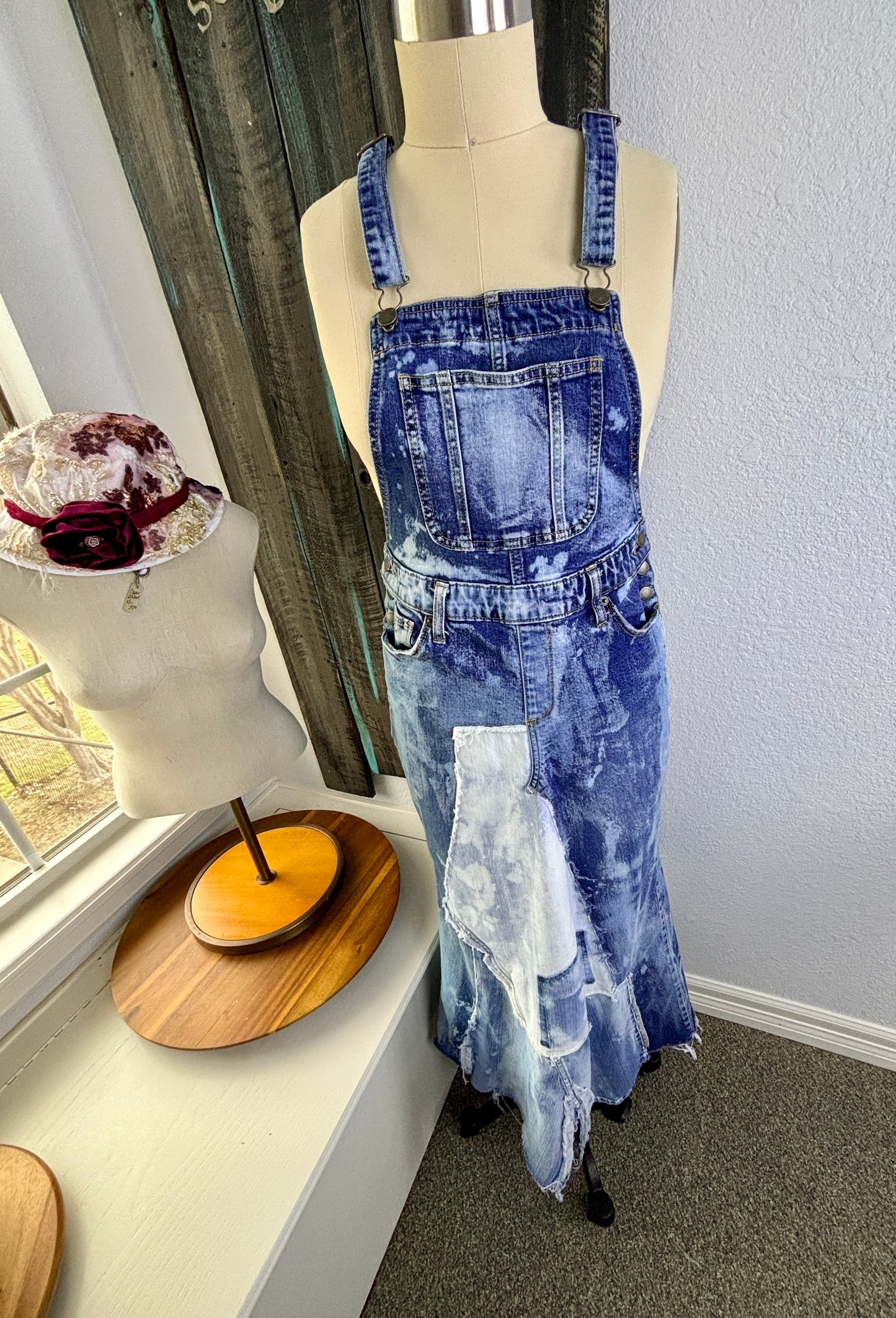 Up-Cycled Frayed Over-Alls, Dungarees, Denim, Over-All Dress, Patchwork Denim Dress, Size 0, SMALL, Just South of Urban, Kim Spratto