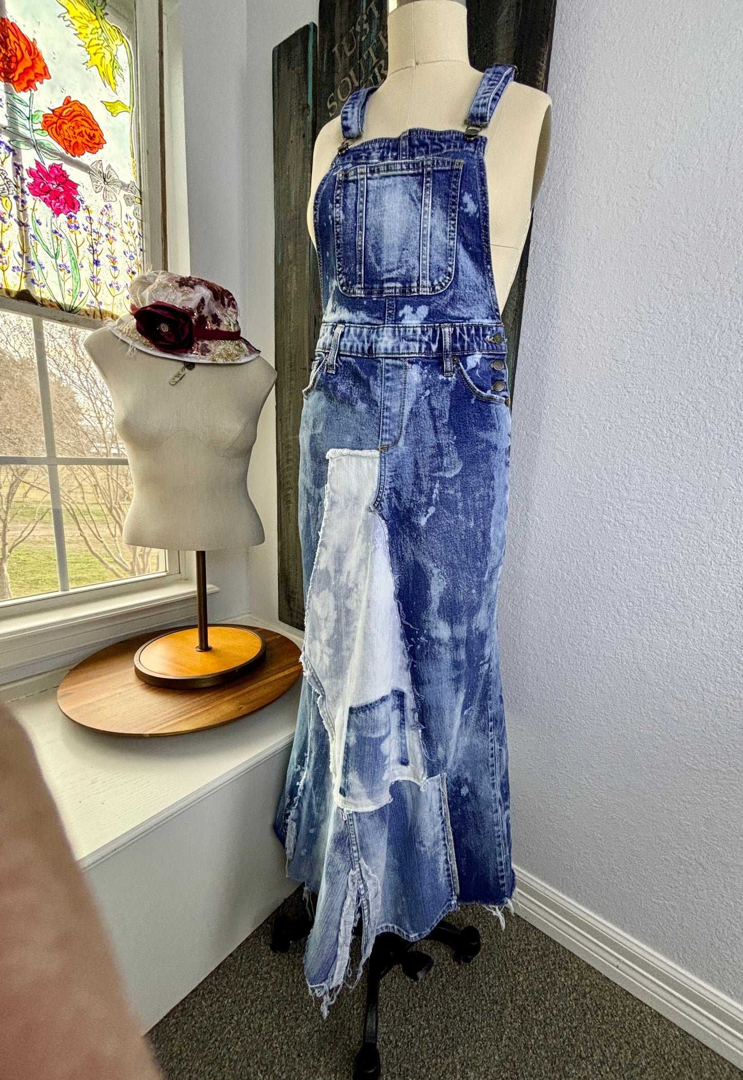 Up-Cycled Frayed Over-Alls, Dungarees, Denim, Over-All Dress, Patchwork Denim Dress, Size 0, SMALL, Just South of Urban, Kim Spratto