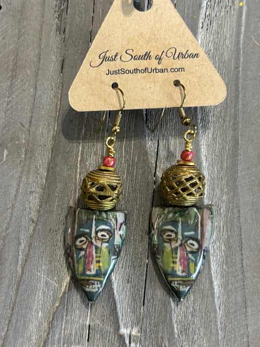 Fine Art Tribal Mask Shield Earrings, Ceramic, African Brass and Glass all Handmade