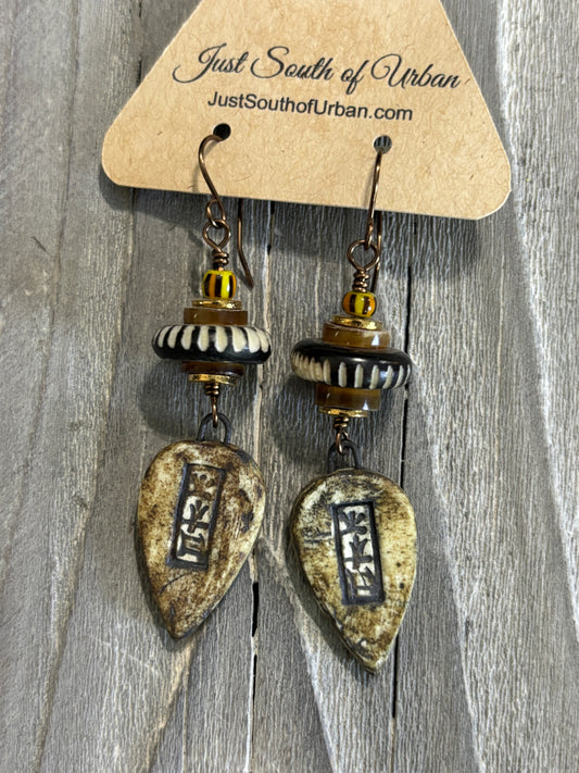 Fine Art Earrings, Tribal Ceramic Art, Carved Bone