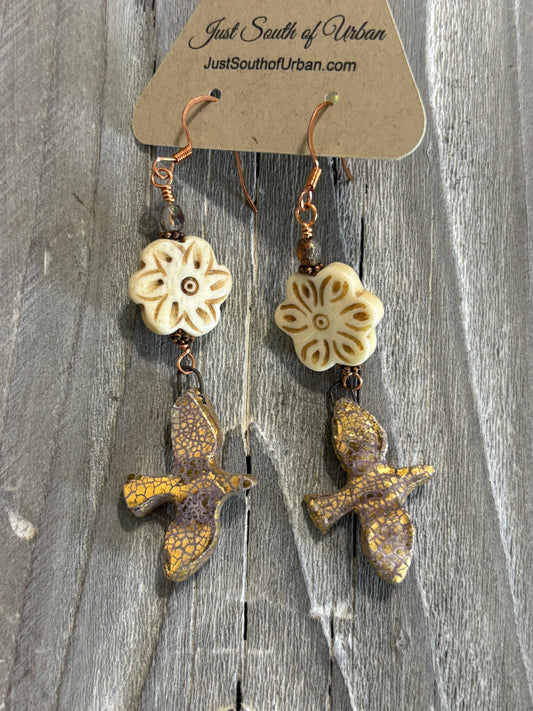 Artisan Handmade Earrings, Beaded Carved Bone and Ceramic, Gold and Silver Bird and Bone Flower