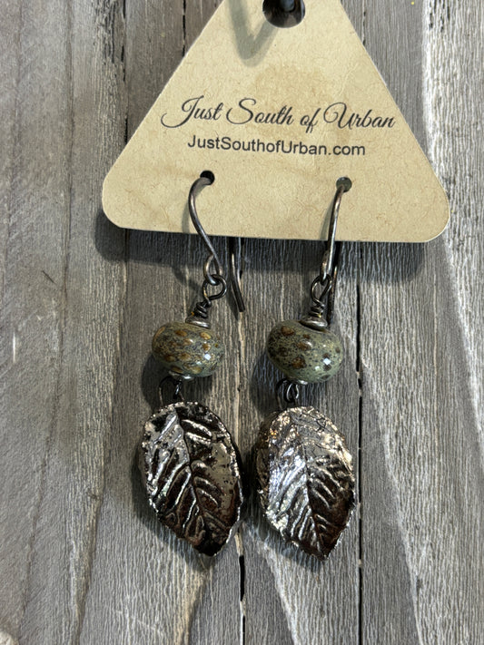 Unique Artisan Earring, Ceramic Silver Leave with Green Spotted Ceramic Beads