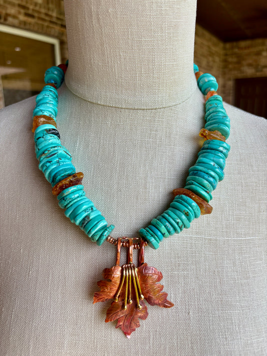 Tapered Turquoise and Amber Nugget with Handmade Copper and Brass Leaf Pendant