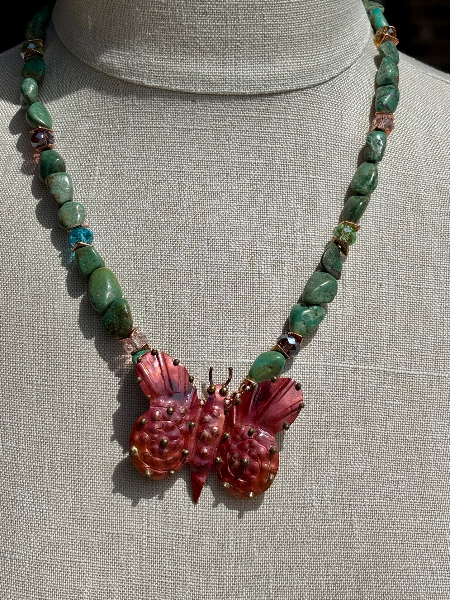 Authentic Turquoise Nuggets, Faceted Crystals and Copper Butterfly Necklace