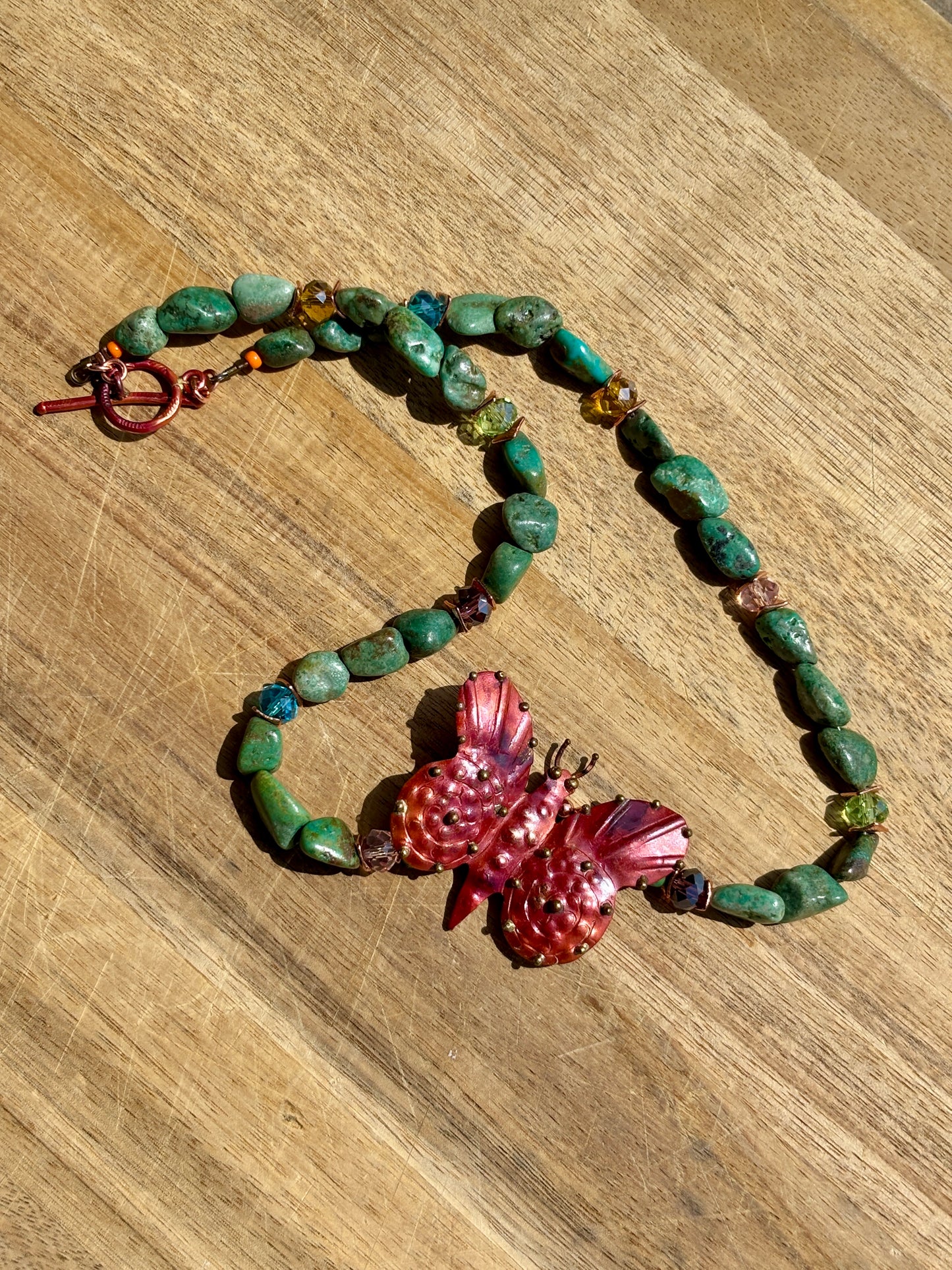 Authentic Turquoise Nuggets, Faceted Crystals and Copper Butterfly Necklace