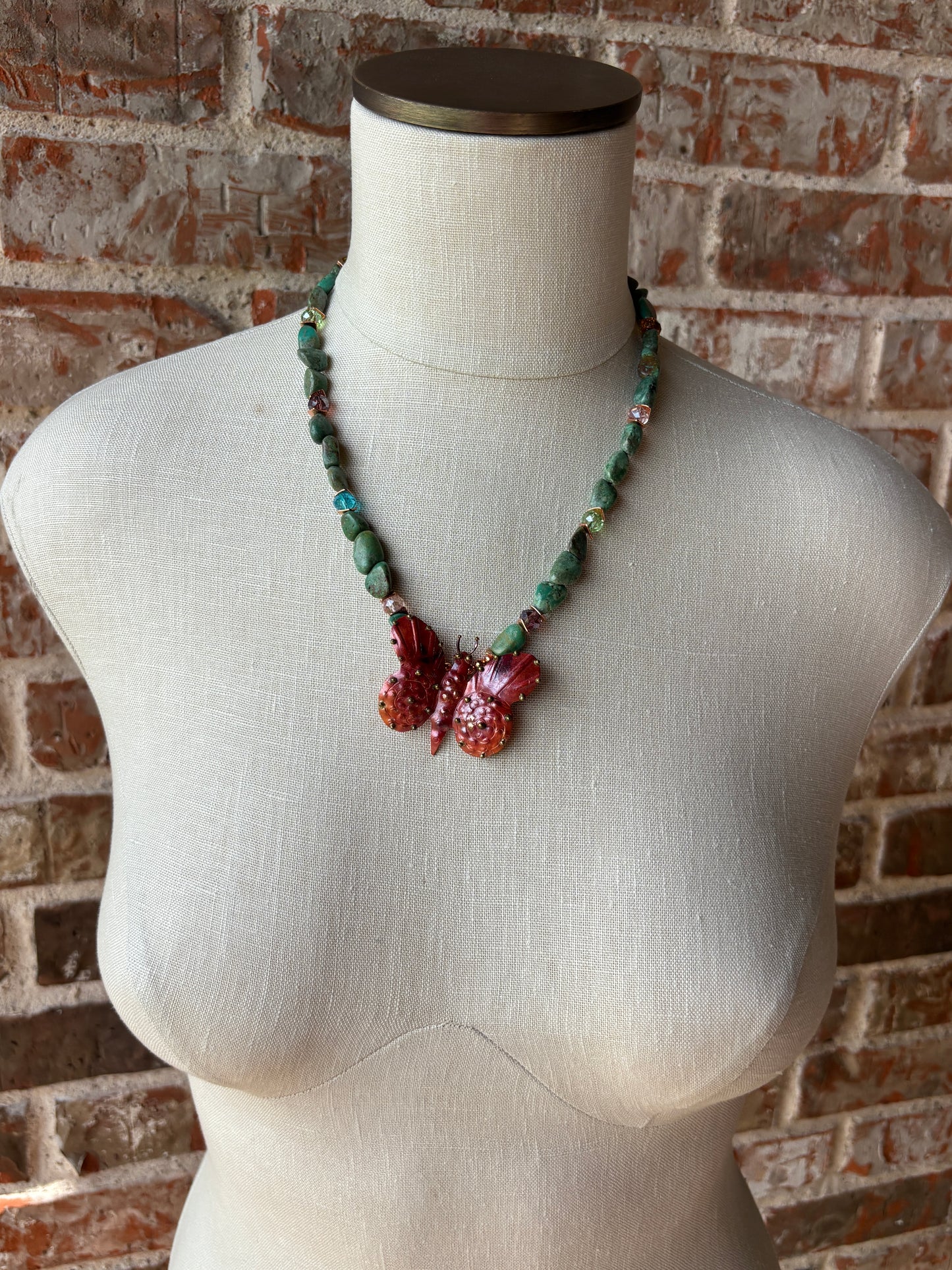 Authentic Turquoise Nuggets, Faceted Crystals and Copper Butterfly Necklace