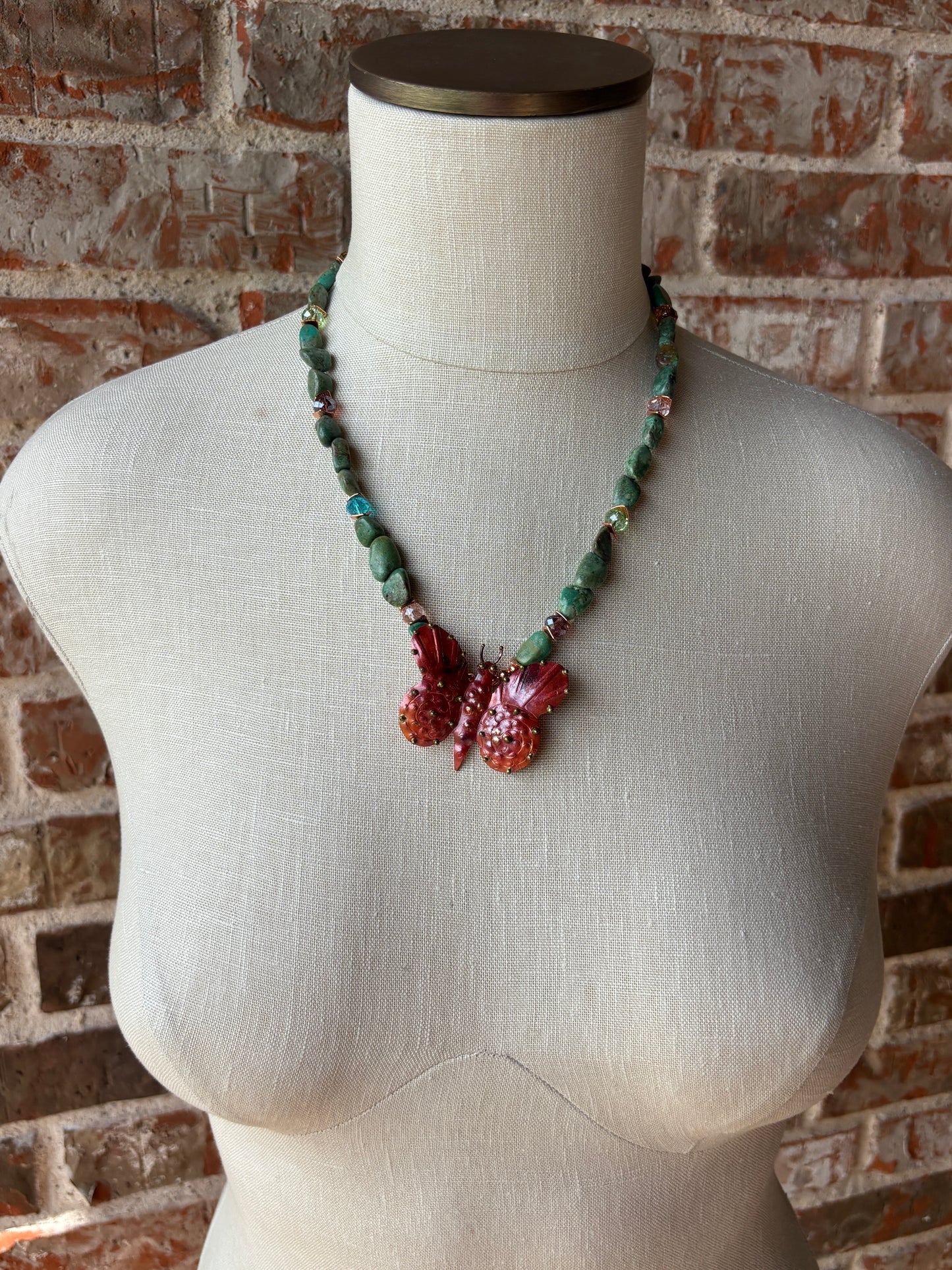 Authentic Turquoise Nuggets, Faceted Crystals and Copper Butterfly Necklace