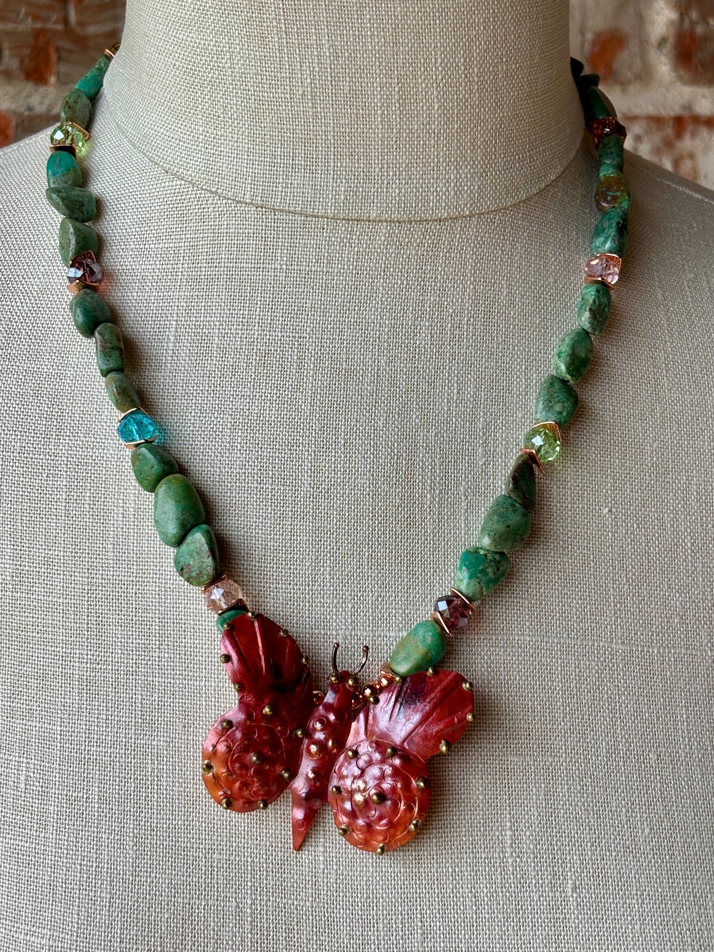 Authentic Turquoise Nuggets, Faceted Crystals and Copper Butterfly Necklace