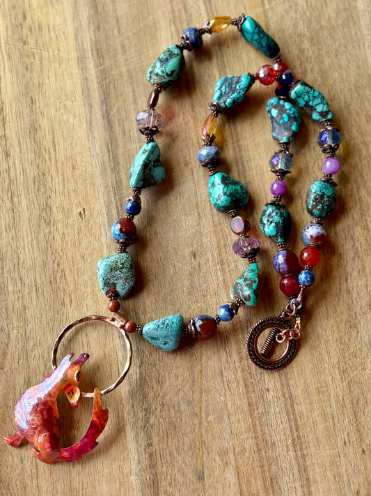Authentic Turquoise and Gemstone Necklace with Artisan hand crafted Coyote/Wolf Copper Pendant