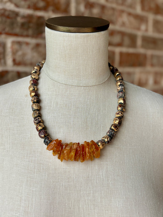 Ethnic Vibe Necklace with Authentic Amber Nuggets and Handmade Clay with Gold Foil Beads