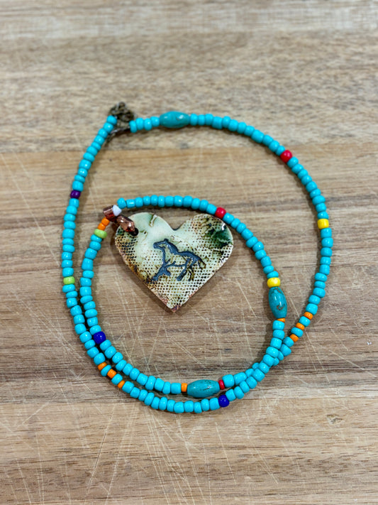 Native American Horse Art Heart Shaped Ceramic Handmade Pendant