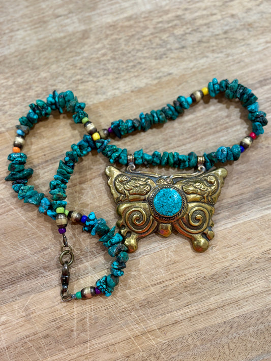 Rustic Artisan Made Brass Butterfly Pendant on Authentic Turquoise Stone Necklace