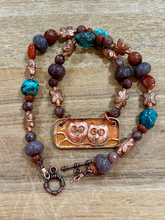 Artisan Crafted Owl Pendant on Amethyst and Turquoise Beaded Necklace