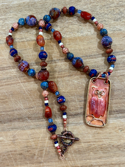 Artisan Crafted Copper Owl and Agate Stone Beaded Necklace