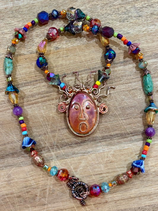 Crazy Hair Day Artisan Crafted Copper Pendant Necklace Flooded with Vibrant Faceted Glass Beads