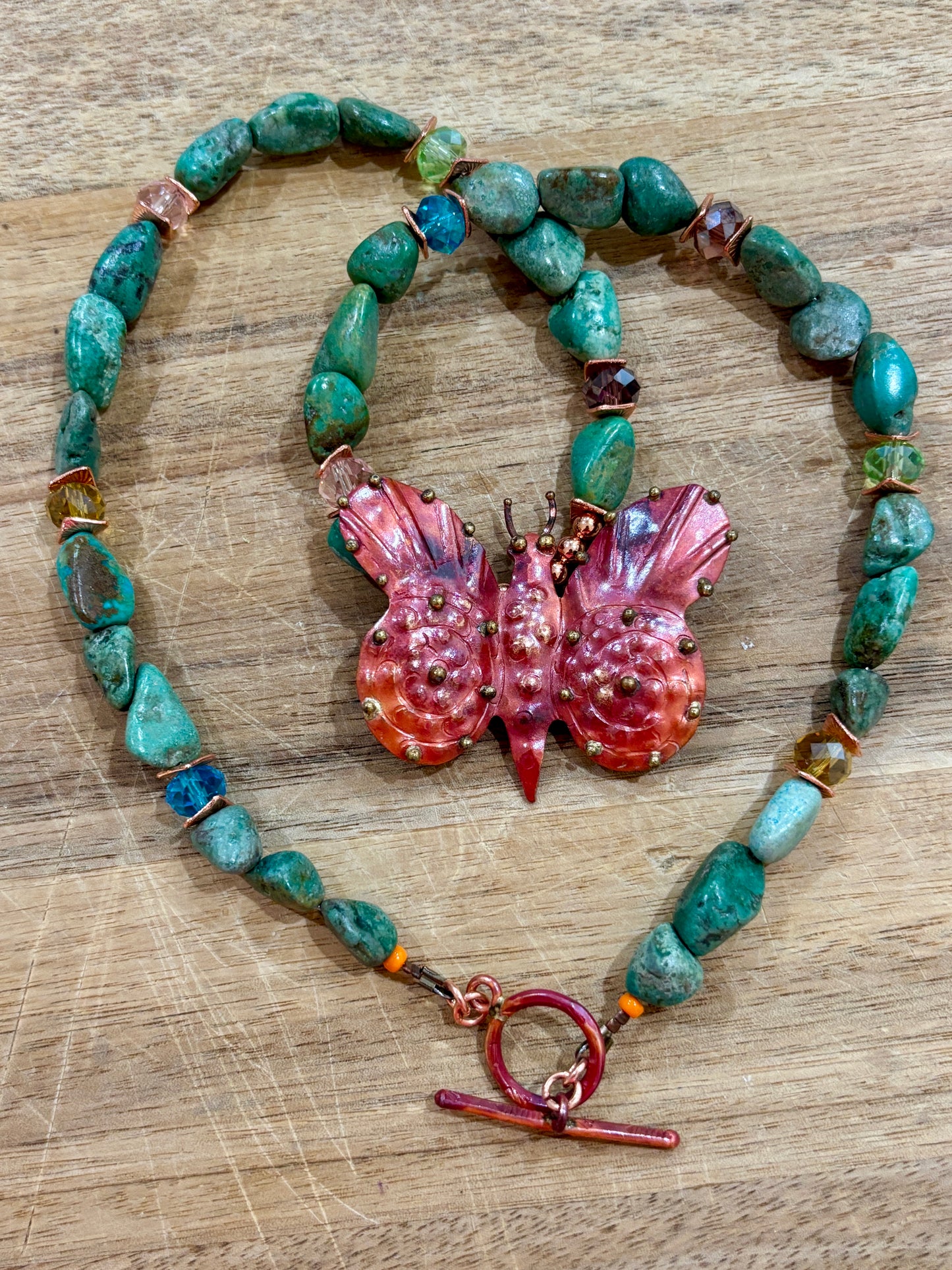 Authentic Turquoise Nuggets, Faceted Crystals and Copper Butterfly Necklace