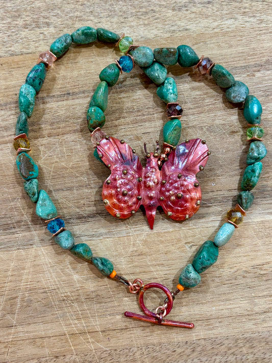 Authentic Turquoise Nuggets, Faceted Crystals and Copper Butterfly Necklace