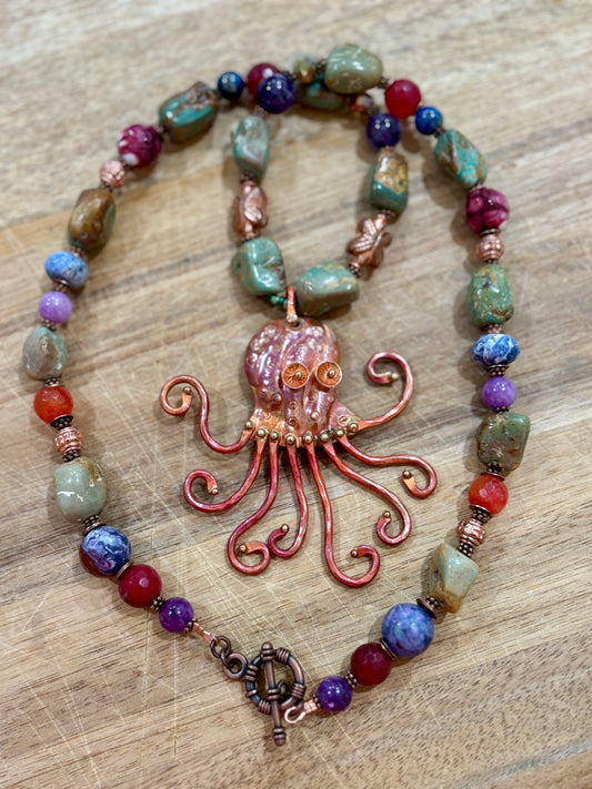 Chunky TURQUOISE and Gemstone Necklace with Handmade Copper and Brass Octopus Pendant