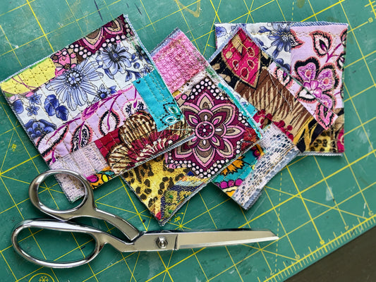 SET of 4, Up-Cycled Scraps Boho Hippie Fabric Coasters, Handmade, Homemade, Made in USA, Recycle, Re-Use, Floral, Bright, Colorful, 4 x 4