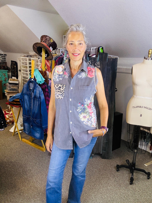 Up-cycled Altered Men's Shirt, Women's Casual Gray and White Pinstripe Floral Vintage Ad Top