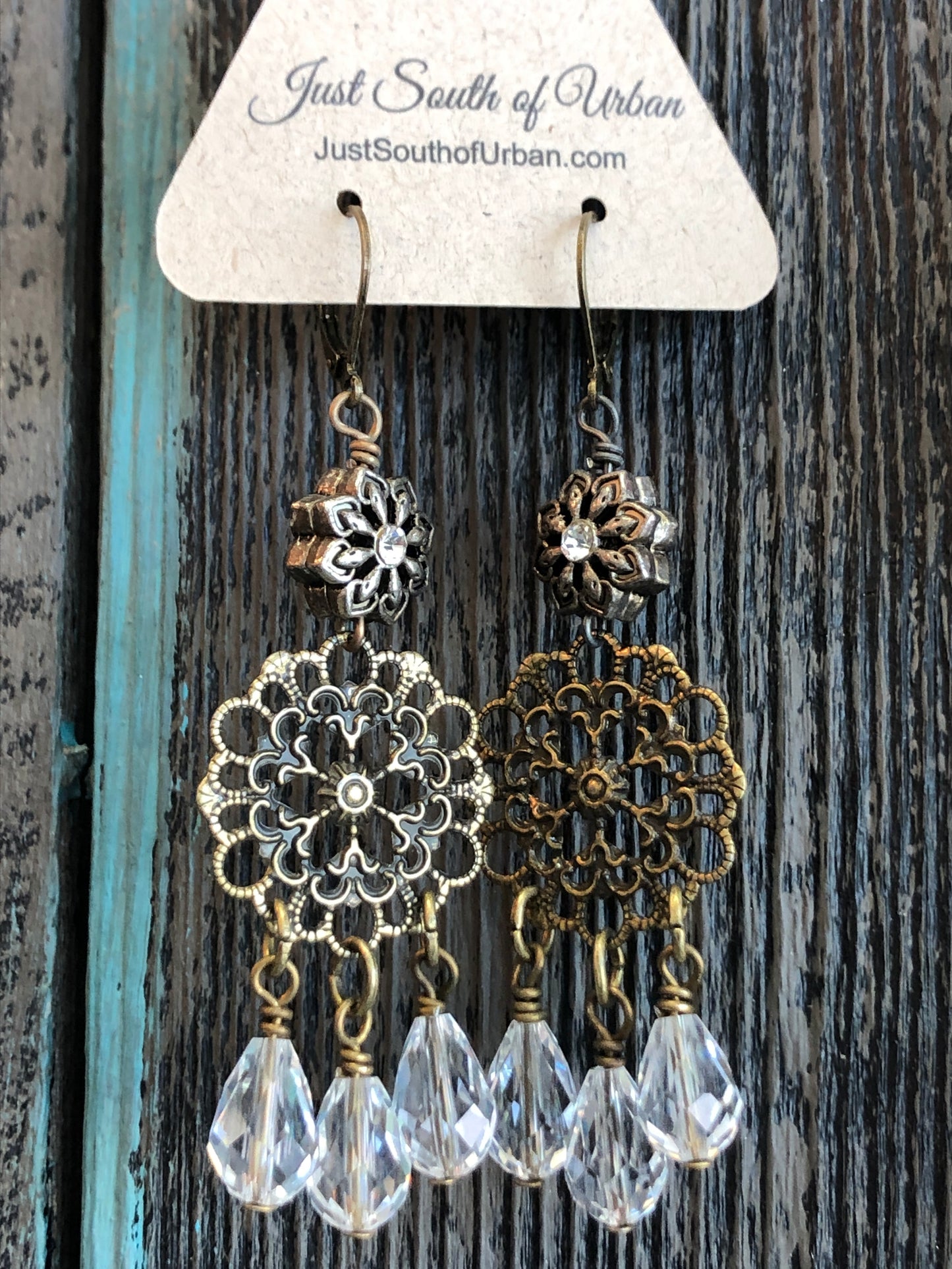 Filigree Silver Tone Dangle Earrings with Clear Faceted Dangle Beads