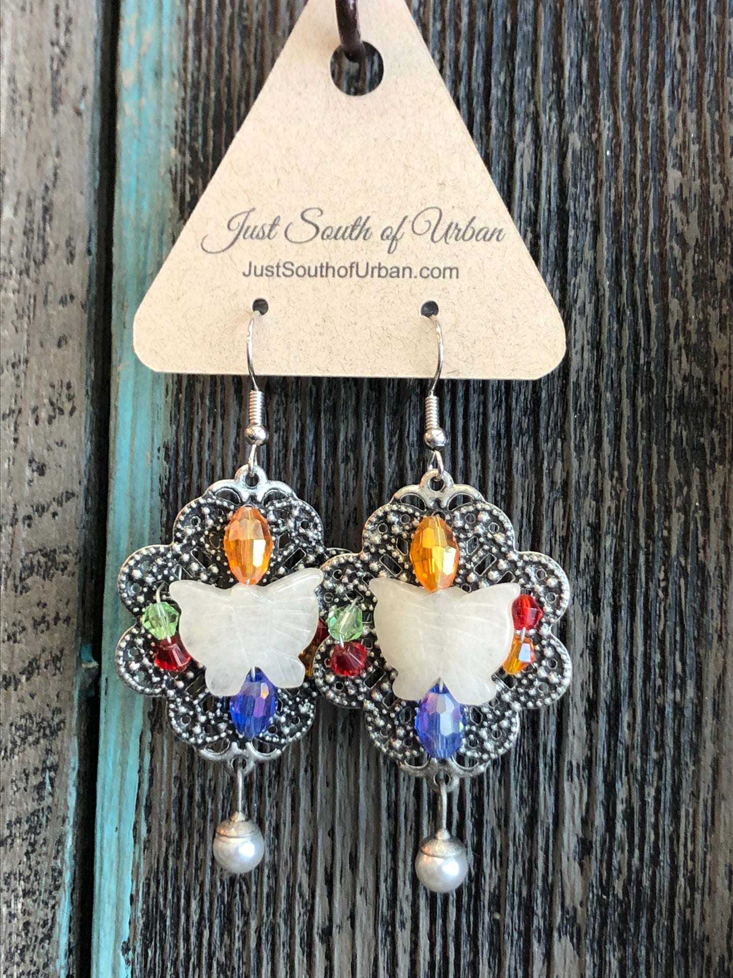 Vintage Filigree, Butterfly Carved Agate and Crystal Dangle Earrings