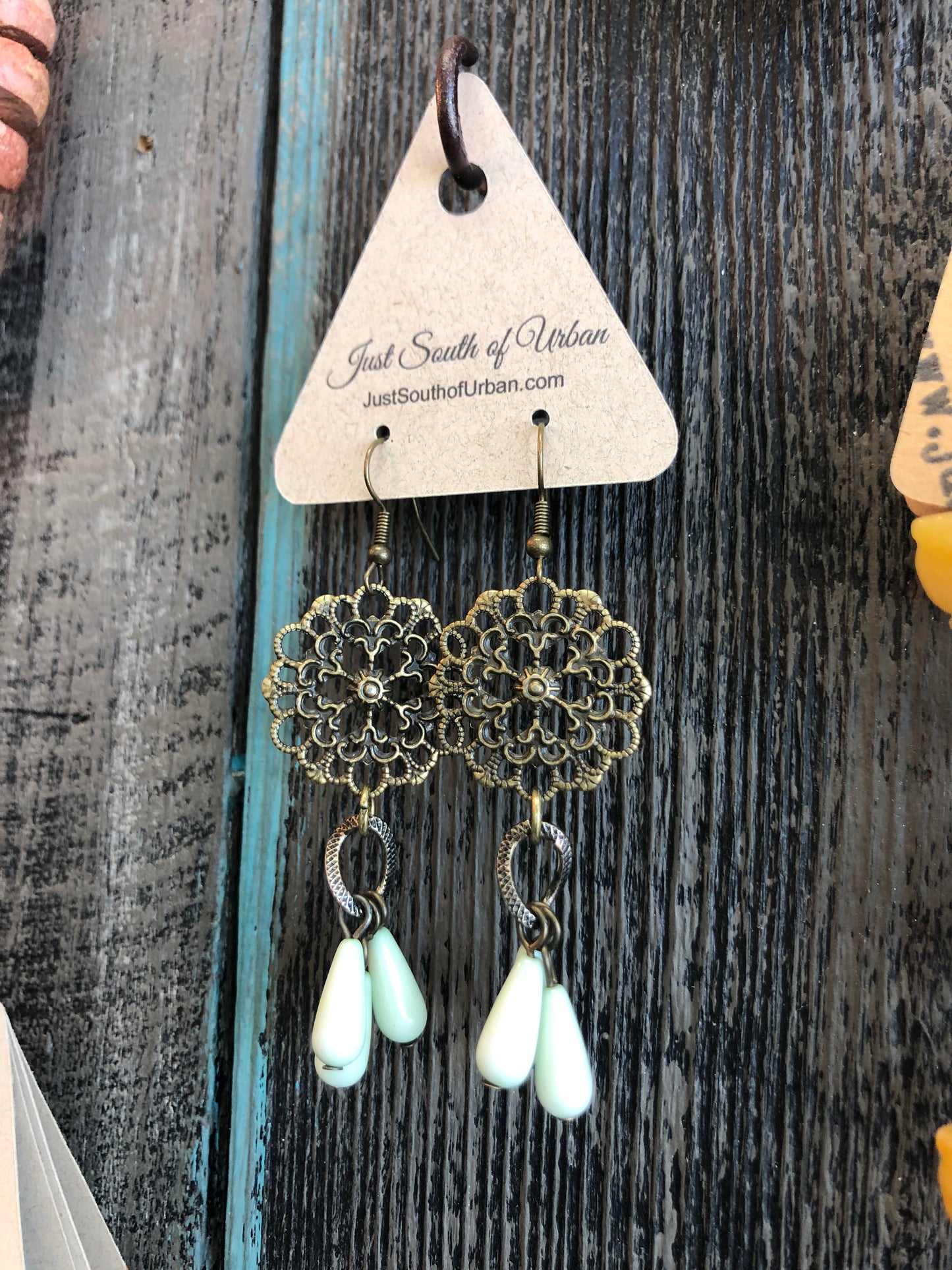 Vintage Filigree Floral Earrings with Green Vintage Drop Dangles