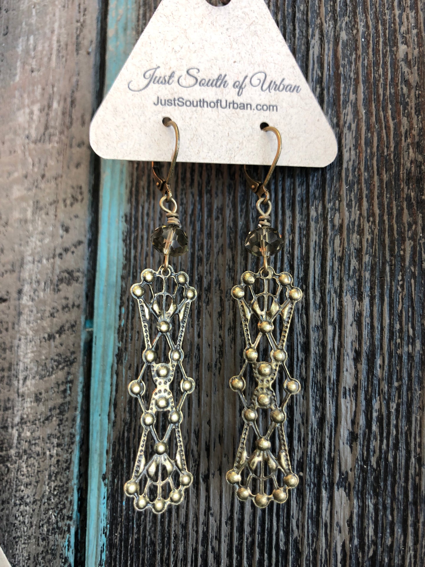 Vintage Filigree Dangle Earrings with Grey Faceted Crystal