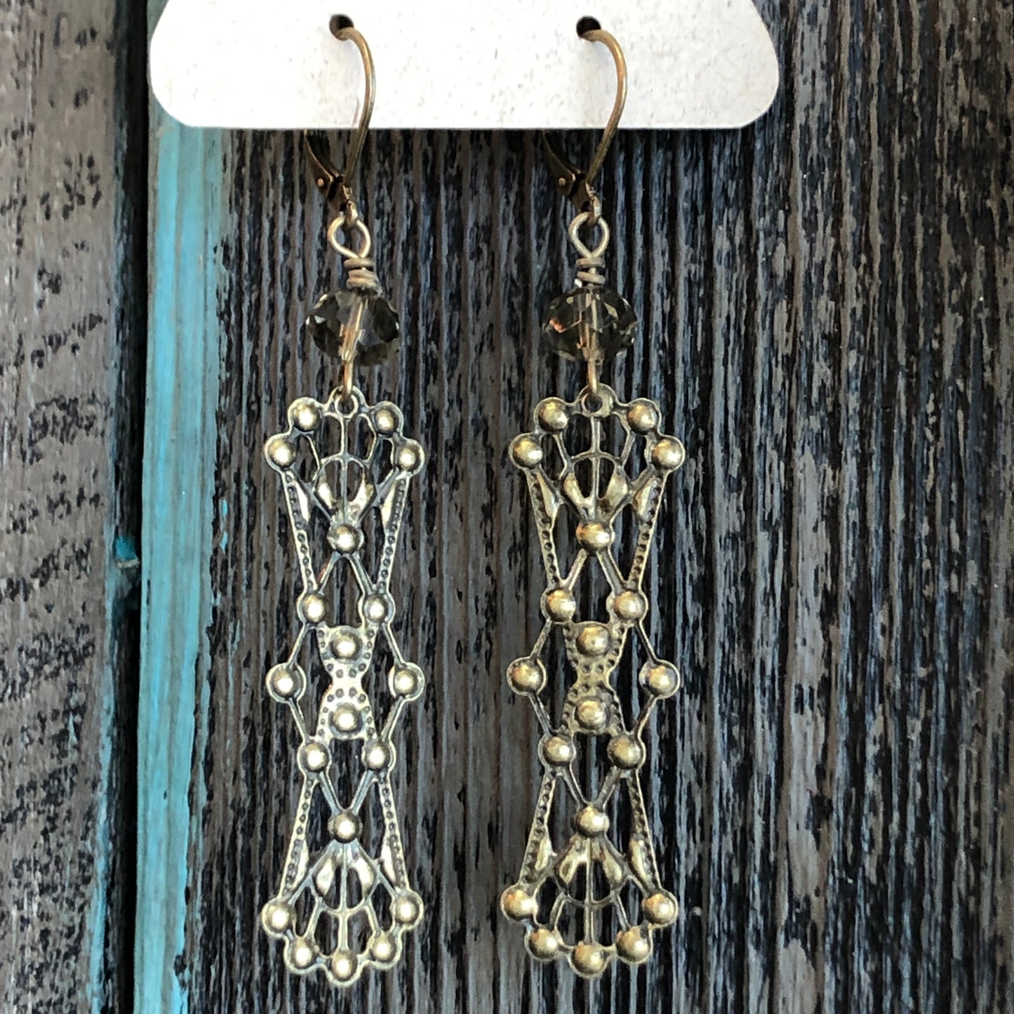 Vintage Filigree Dangle Earrings with Grey Faceted Crystal