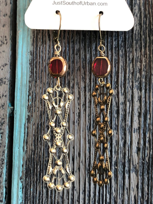 Vintage Filigree Dangle Earrings with RED Glass Bead
