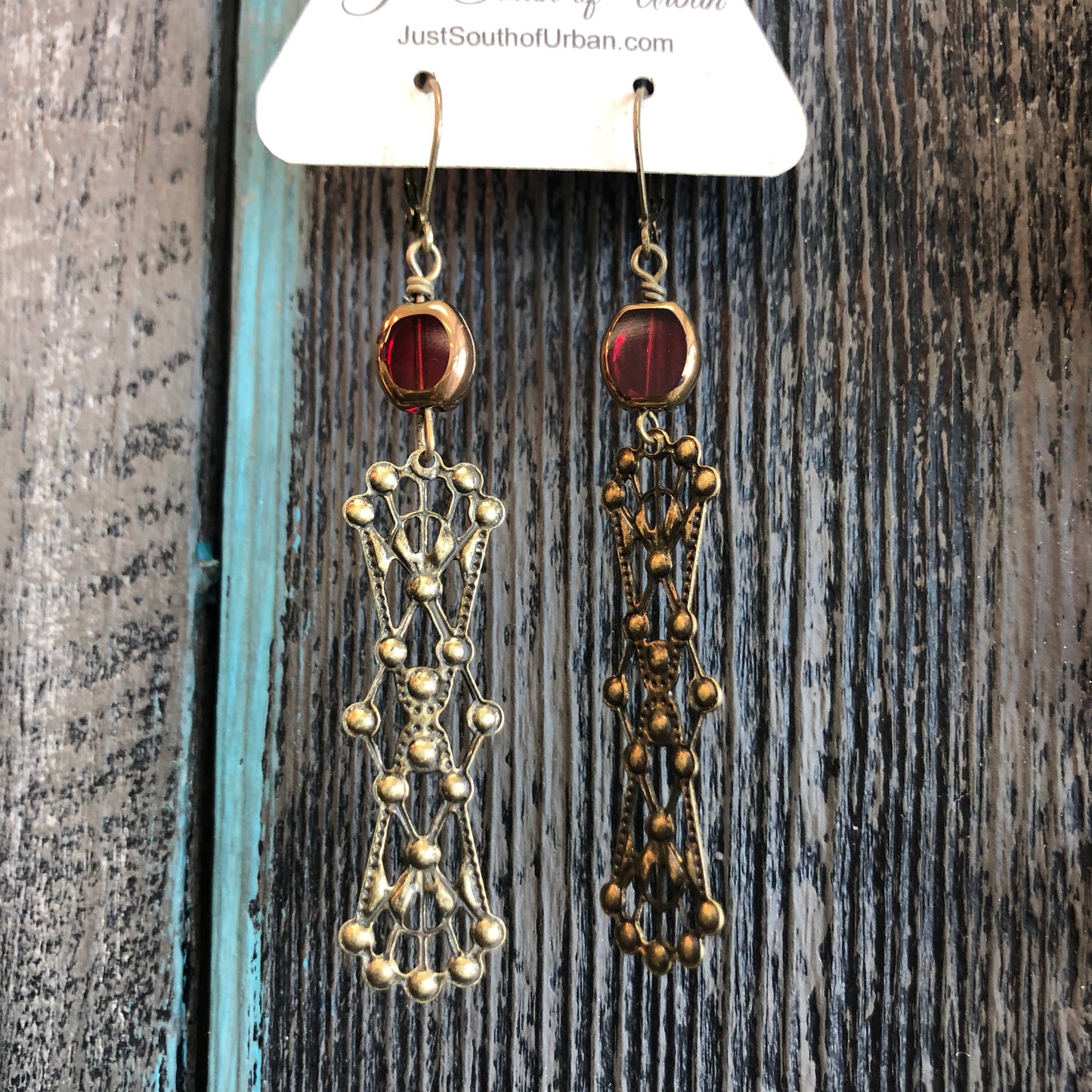 Vintage Filigree Dangle Earrings with RED Glass Bead