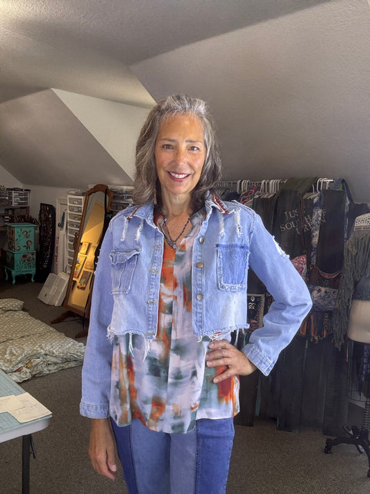 Up-Cycled Denim Jean Jacket, Bolero Style, Retro, Vintage, Fits Size Small and Medium