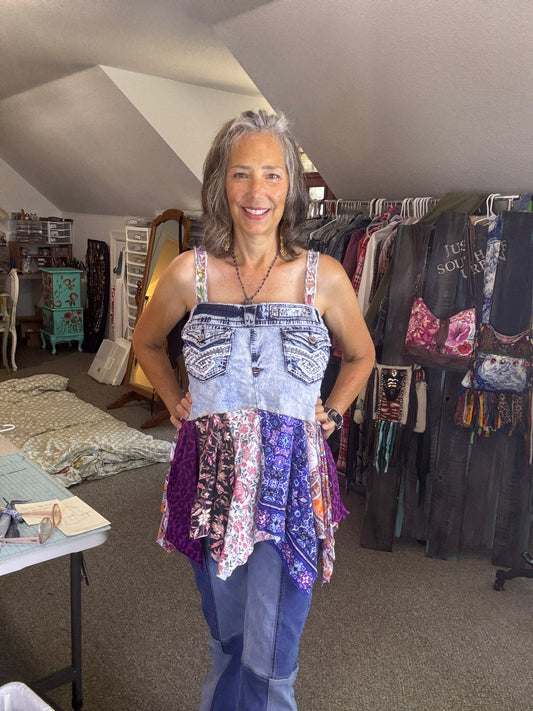 Gypsy Denim Bling Jeans Top, Flowing Hippie-Boho Funky 70's Vibe Up-cylce