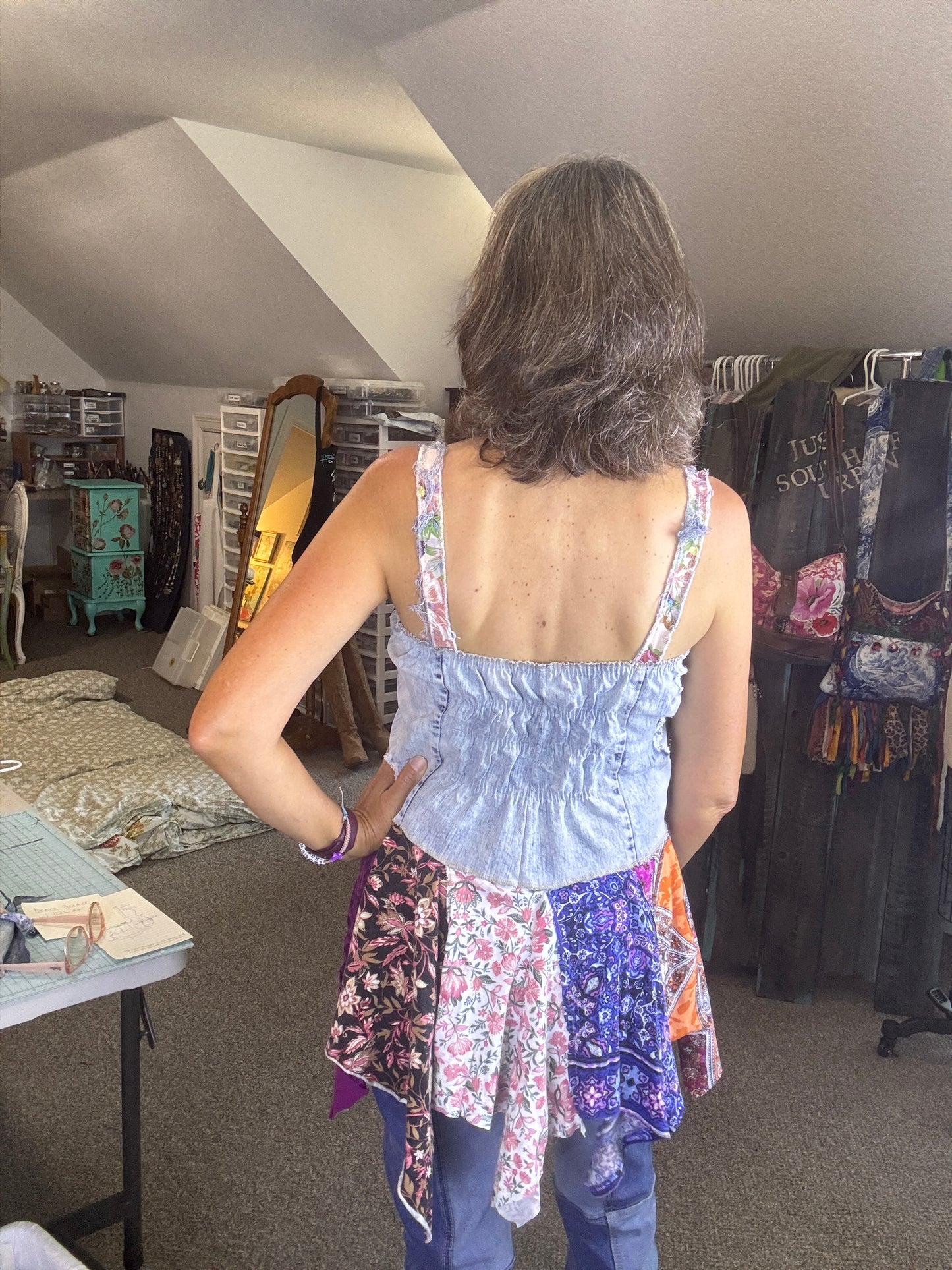 Gypsy Denim Bling Jeans Top, Flowing Hippie-Boho Funky 70's Vibe Up-cylce
