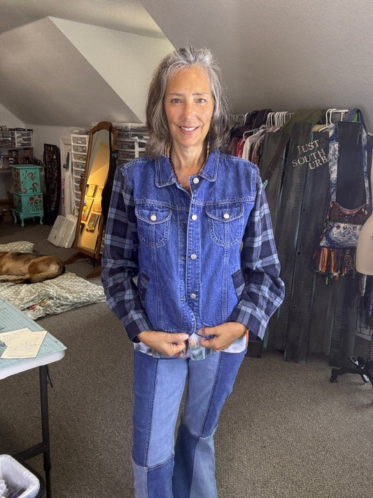 Upcycled Demin and Flannel Jacket, Cozy for Fall, Country, Western, Rustic, Summer Concerts