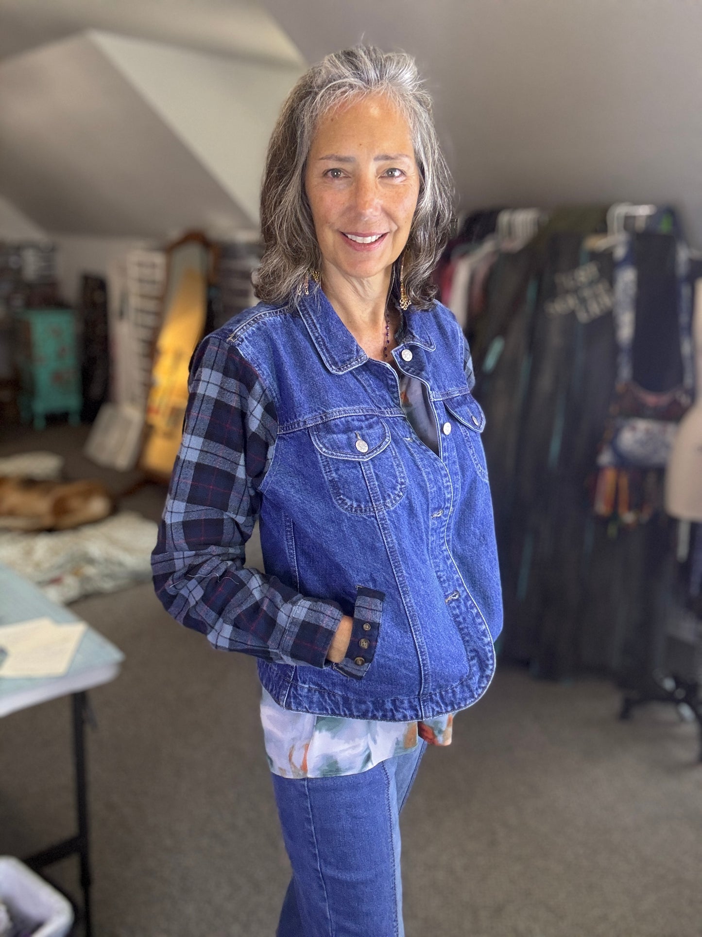 Upcycled Demin and Flannel Jacket, Cozy for Fall, Country, Western, Rustic, Summer Concerts