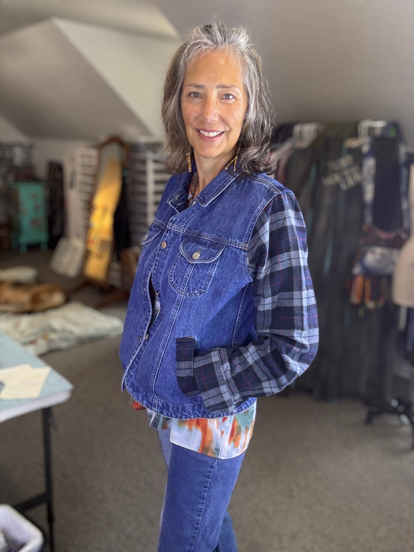 Upcycled Demin and Flannel Jacket, Cozy for Fall, Country, Western, Rustic, Summer Concerts