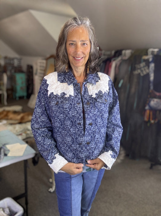 Up-cycled Jean Jacket Cold Water Creek Size 16, Bridal Dress Angel Wings, Fun Western, Casual Jacket