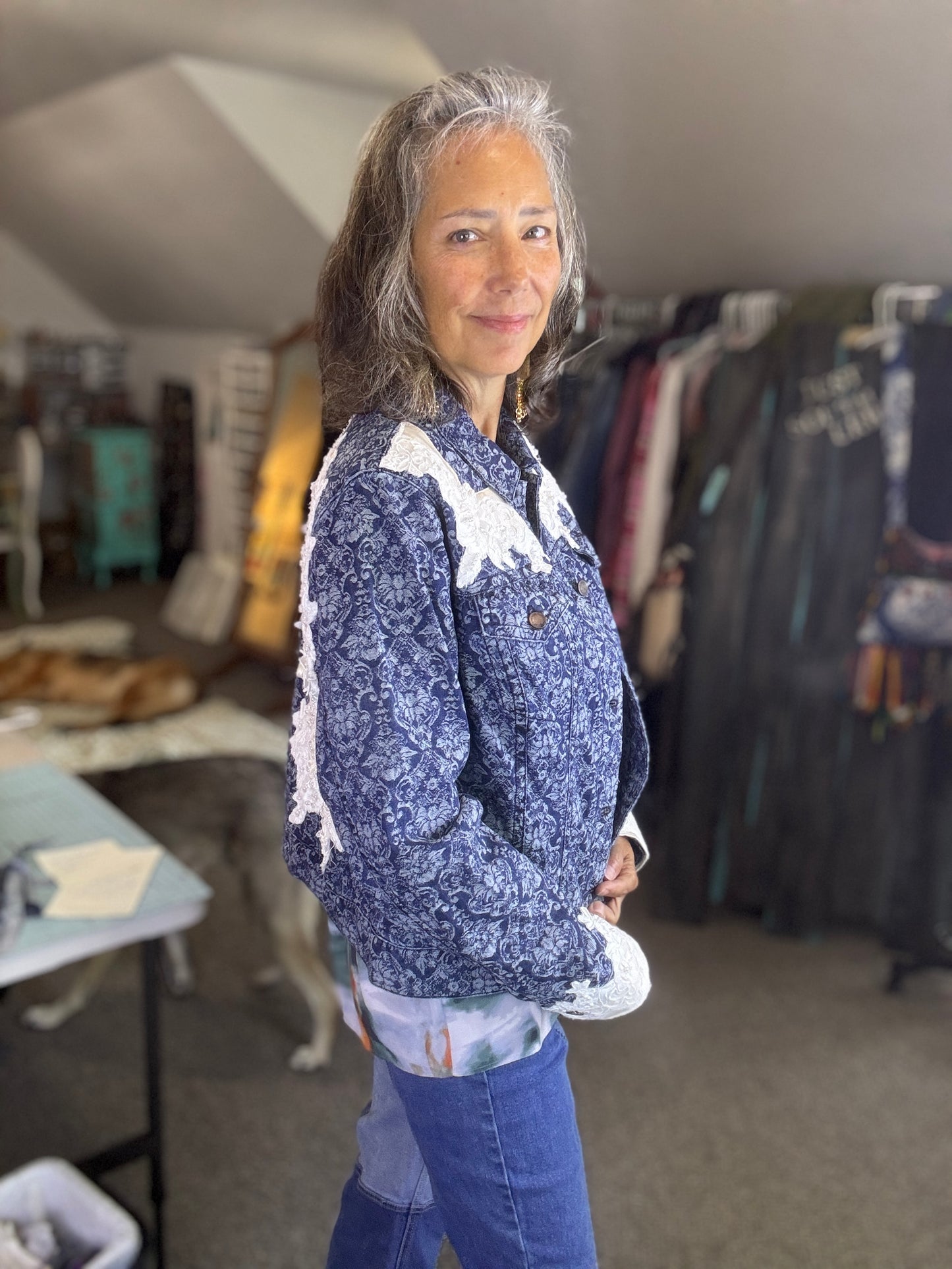 Up-cycled Jean Jacket Cold Water Creek Size 16, Bridal Dress Angel Wings, Fun Western, Casual Jacket