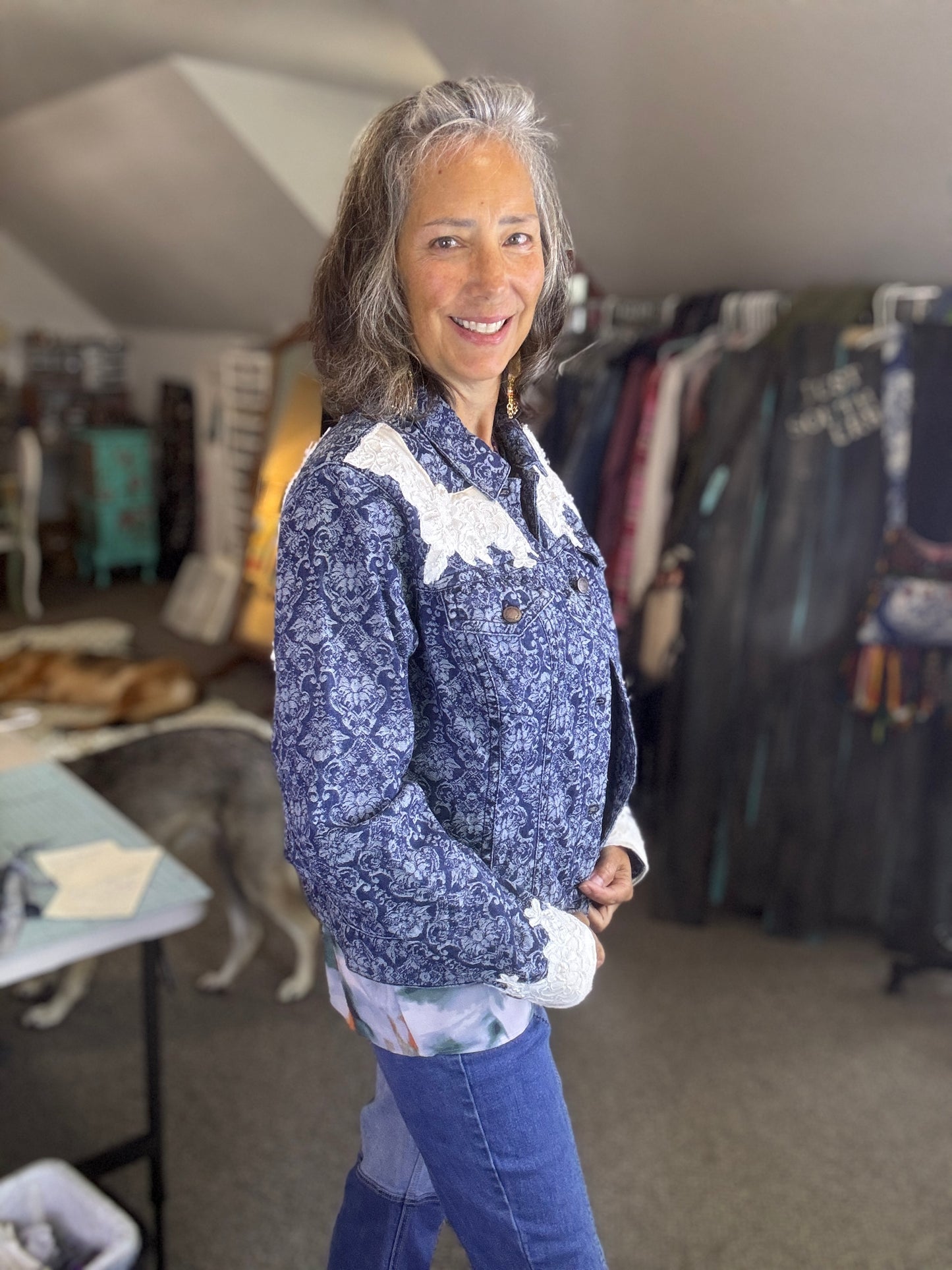 Up-cycled Jean Jacket Cold Water Creek Size 16, Bridal Dress Angel Wings, Fun Western, Casual Jacket