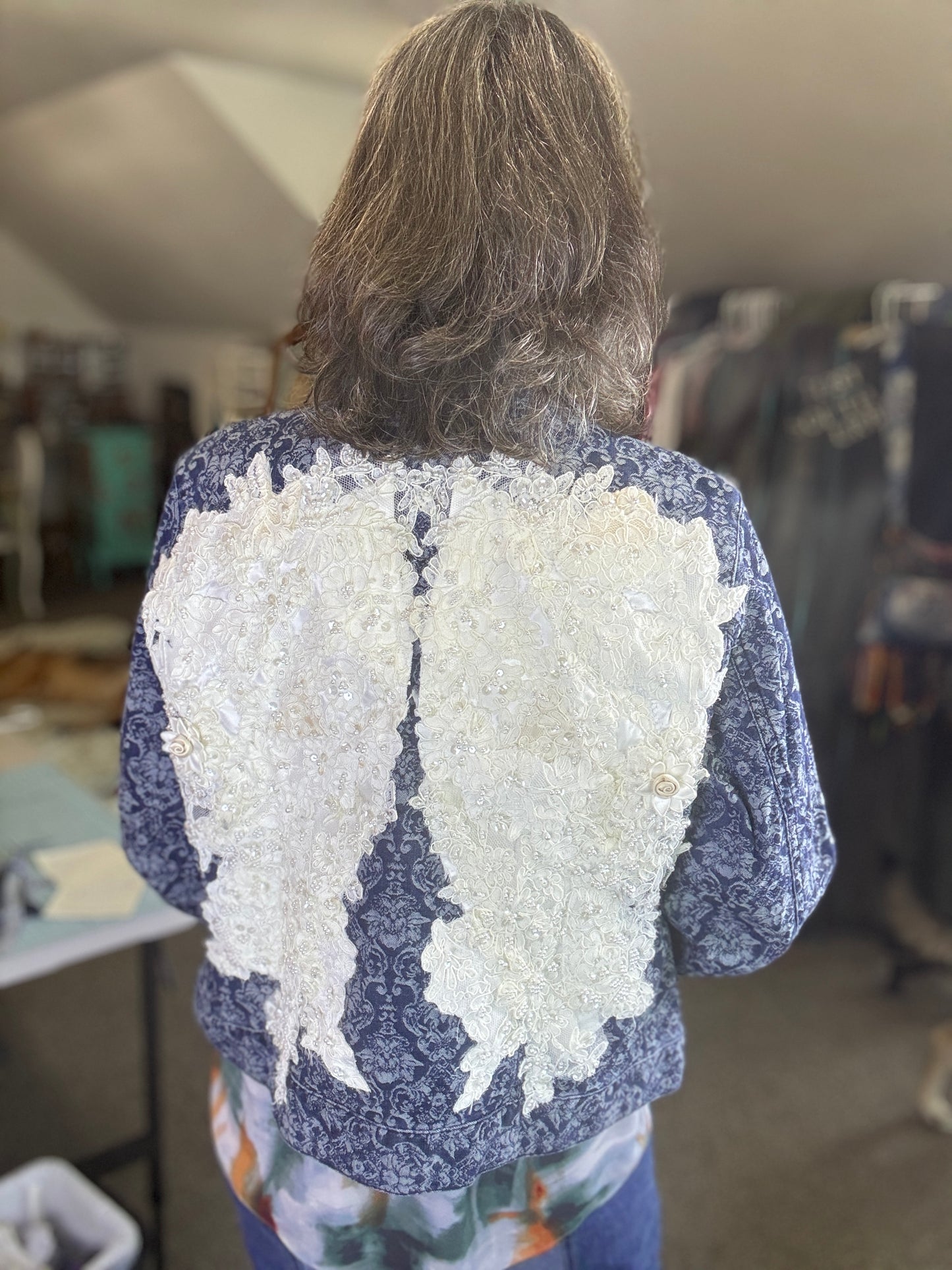 Up-cycled Jean Jacket Cold Water Creek Size 16, Bridal Dress Angel Wings, Fun Western, Casual Jacket