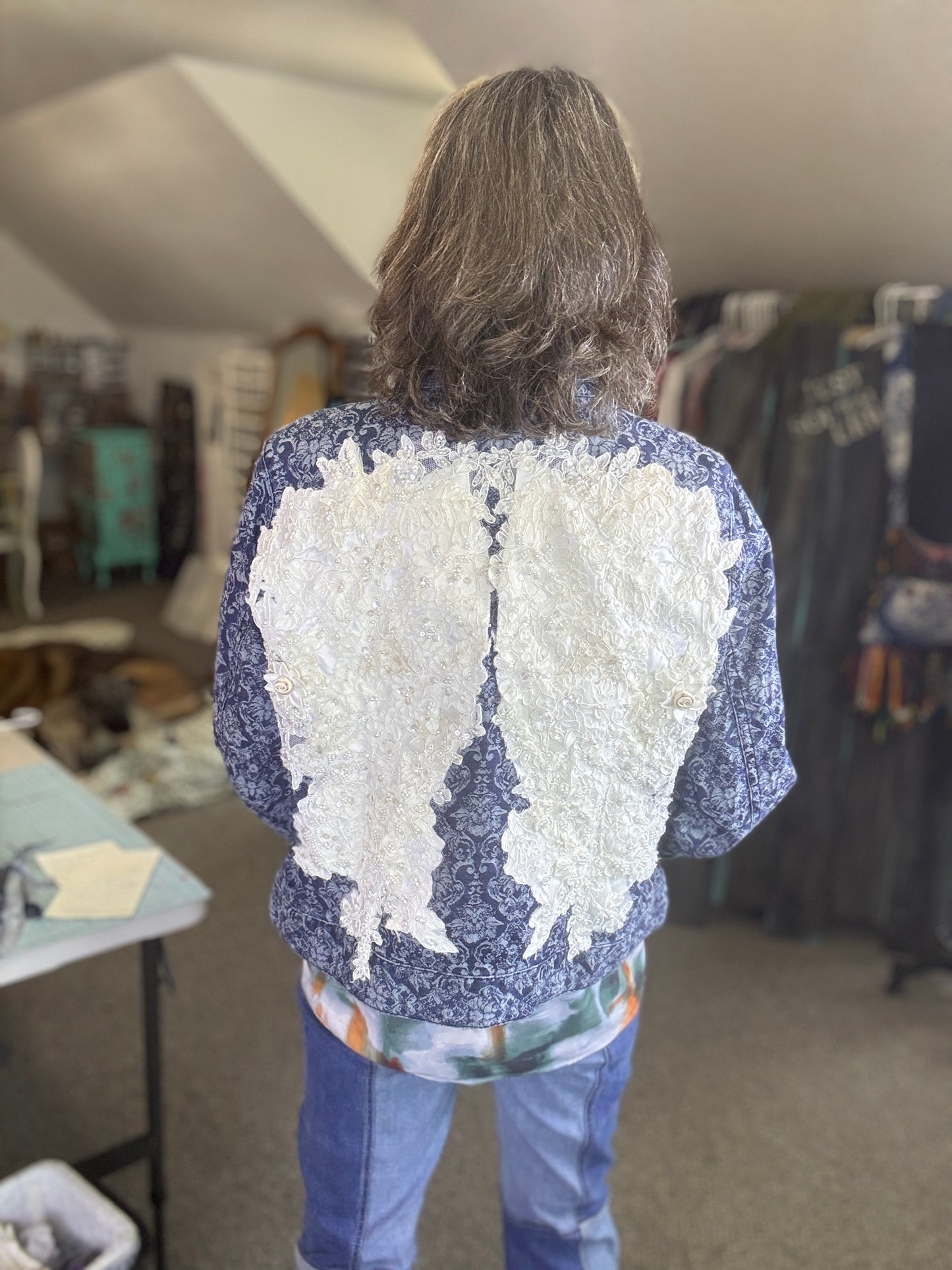 Up-cycled Jean Jacket Cold Water Creek Size 16, Bridal Dress Angel Wings, Fun Western, Casual Jacket