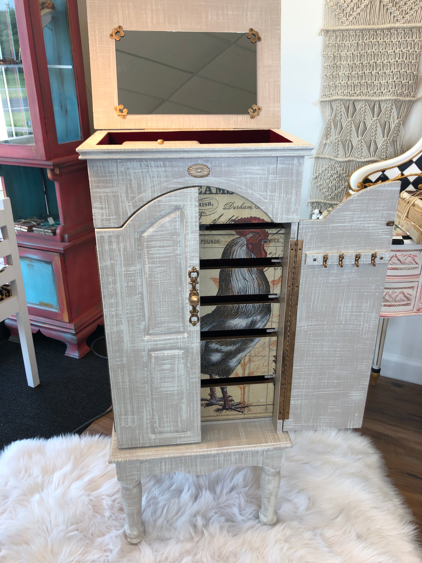 Farmhouse Rooster and Linen Finish Jewelry Armoire, 40 H x 17 W x 12 D
