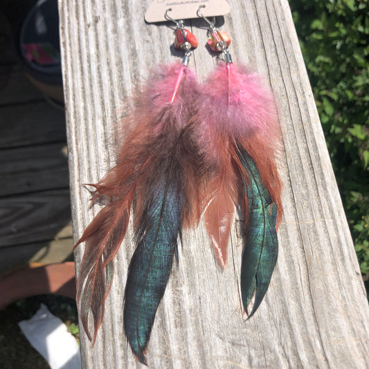 Feather Earrings, Pink and Iridescent, Pink Shell