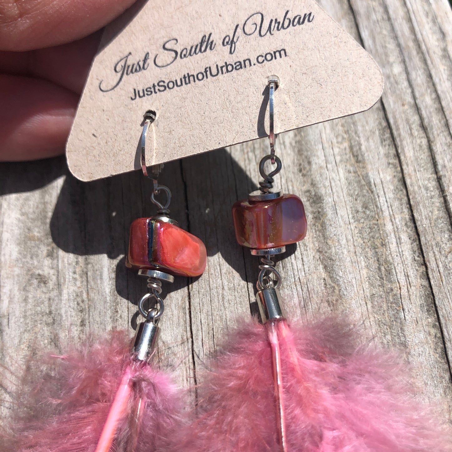 Feather Earrings, Pink and Iridescent, Pink Shell