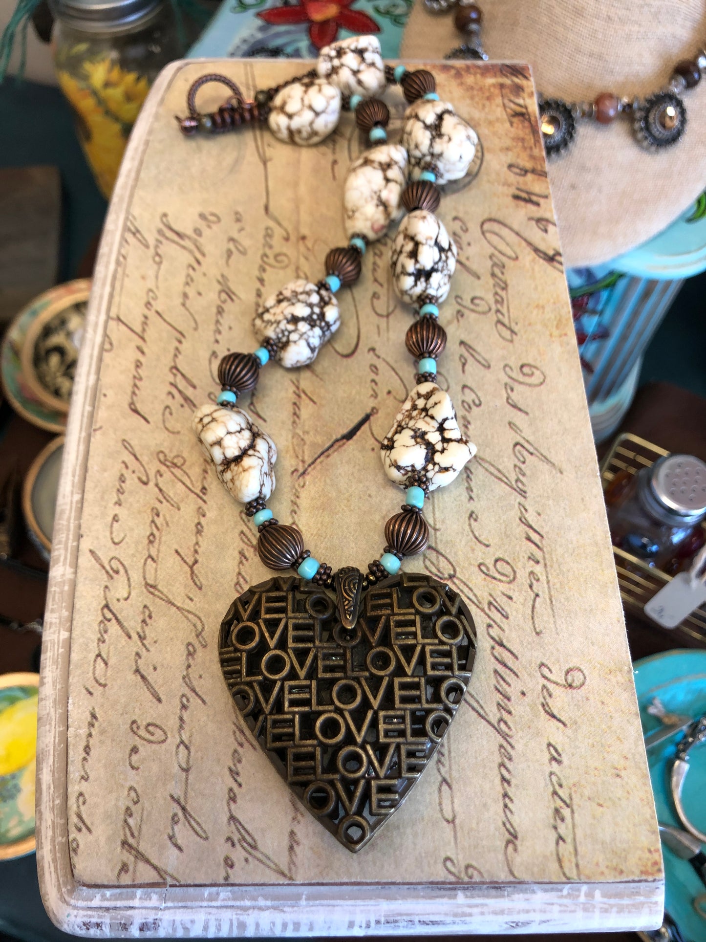 LOVE Heart Necklace, Magnesite, Copper and Glass Beads, 18 Inches Long